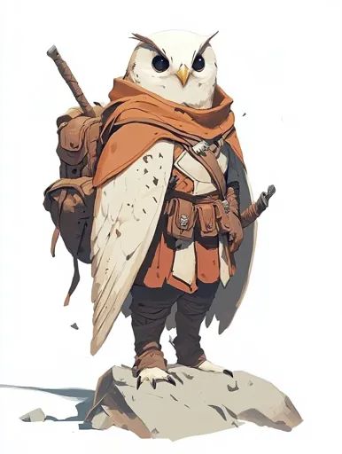 ↑↑↑ Larger size on website 🔸 A white owl with large, dark eyes stands on a rock, looking serious. It is wearing an orange cloak a Owl Character Design, Owl Character, Be A Warrior, Protect Nature, White Drawing, White Owl, Dnd Art, Fantasy Setting, Dark Eyes