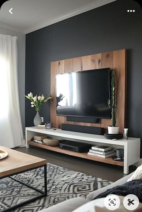 75 Inch Tv On Wall Ideas, Tv Wall Ideas Living Room, Large Tv Wall Ideas Living Room, Basement Family Rooms, Home Cinema Room, Ceiling Design Living Room, Accent Walls In Living Room, Living Room Design Decor, Brown Living Room