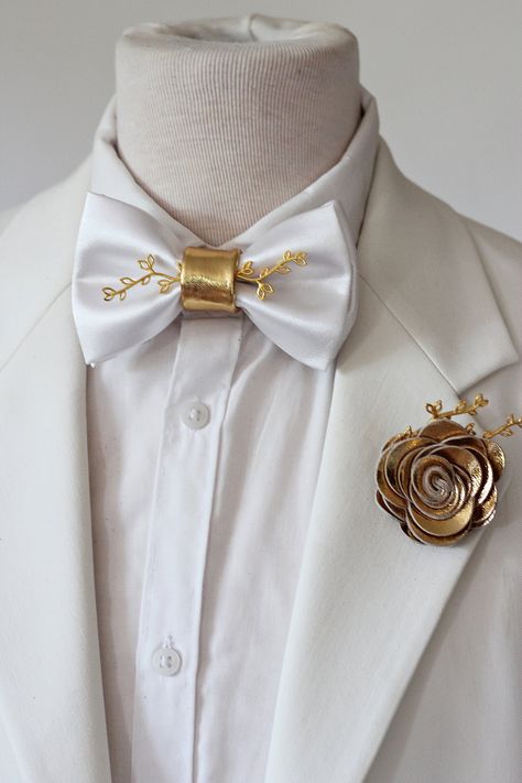 White bow tie lapel pin set, wedding, groom satin bowtie groomsmen attire, gold boutonniere rose flower, bow tie, gold Rhinestones bow tie by Nevestica on Etsy White And Gold Suit Men Wedding, Wedding Suits Groom White And Gold, White Suit Gold Tie, Beauty And The Beast Tuxedo, White And Gold Groomsmen Suits, White Suit With Gold Accents, White And Gold Wedding Suit, Gold Tie Suit, Quince White And Gold