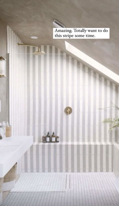 Slanted Ceiling Bathroom, Victorian House London, Renovated Victorian House, Renovated Victorian, Gray And White Bathroom, Striped Tile, House In London, Loft Bathroom, London Houses