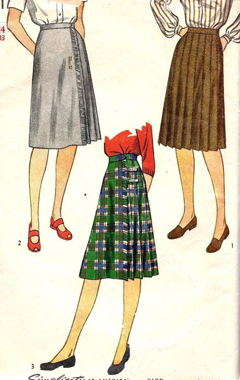 1940s Misses Skirt Vintage Kilt Pattern, Vintage Skirt Pattern, Wrap Skirt Pattern, Dinosaur Fabric, Skirt Wrap, Wrap Around Skirt, Couture Vintage, Simplicity Sewing Patterns, Mode Vintage