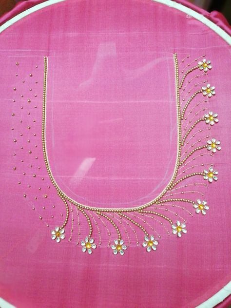 Medium Aari Work Blouse Design, Neck Design For Aari Work, Chudidhar Aari Neck Designs, Pink Color Blouse Aari Work Design, Aari Work Designs Pattern Saree Blouse, Simple Blouse Designs Aari Work, 1000rs Aari Work Blouse Design, Aari Work Hand Design Simple, Beads Work On Blouse Simple