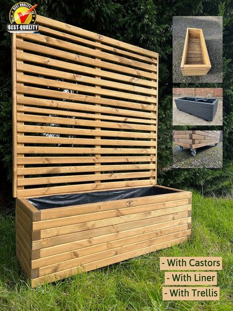 Custom Made Wooden Planters - Etsy Wooden Planters With Trellis, Garden Dividers, Garden Troughs, Mid Century Modern Planter, Planter Trellis, Backyard Storage, Trough Planters, Patio Pots, Rectangular Planters