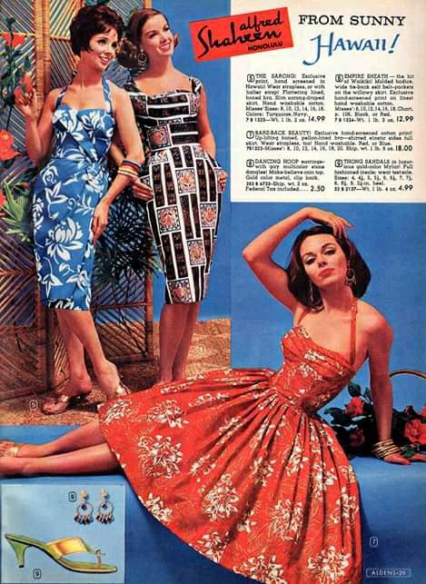 Tiki Fashion, Vintage Summer Outfits, Dunks Outfit, Tiki Dress, Hawaiian Fashion, Vintage Aloha, Fashion 1960s, Fashion 1950s, Hawaiian Outfit