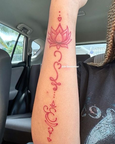 Red Girly Tattoos, Spiritual Tattoos For Women Arm, Hindu Unalome Tattoo, Lotus Tattoo Black Women, Lotus Flower With Words Tattoo, All Red Tattoos For Women, Hand Tattoos For Women Red, Spiritual Arm Tattoos For Women, Tattoo Ideas Lotus Flower