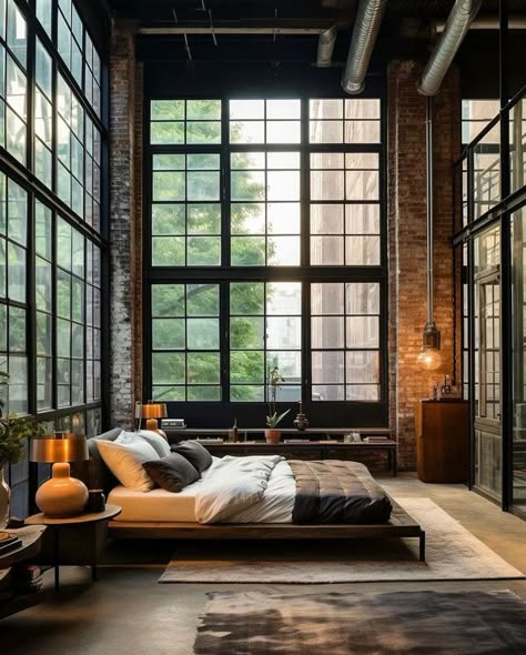 New York Loft Dream Home Master Bedroom Boho Loft Apartment, Loft Aesthetic, Relaxing Spaces, Brick Ideas, Industrial Style Bedroom, Boho Bedrooms, Bedroom Paint Colors Master, Home Bedroom Design, New York Loft