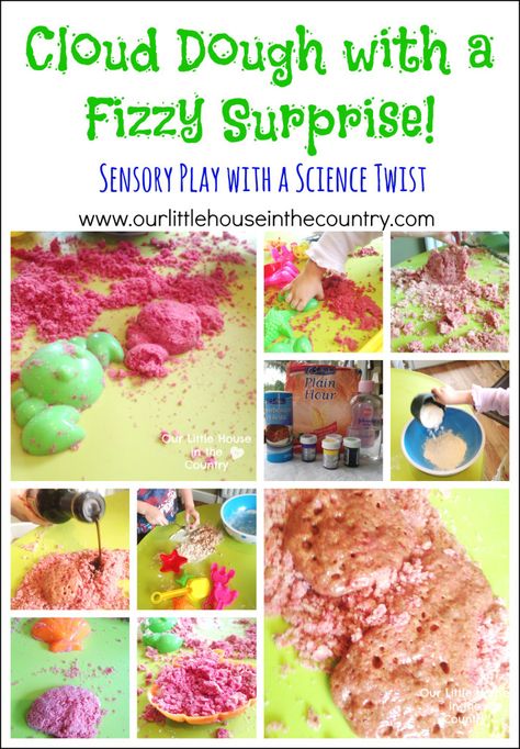 Cloud Dough with a Fizzy Surprise -Sensory Play with a Science Twist - Our Little House in the Country #semsoryplay #clouddough Fizzy Cloud Dough, Sensory Play Recipes, Homeschool Science Experiments, Kids Play Dough, Sensory Tables, Fall Sensory, House In The Country, Creative Development, Educational Play