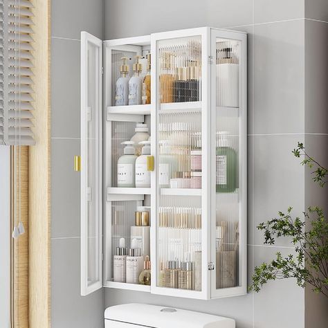 PRICES MAY VARY. 💖Wall Storage Cabinet - Having this storage cabinet mounted on the wall can maximize the use of space and save valuable floor space. You can install it at a suitable height for quick access to your items. 💖Storage Cabinet - This wall cabinet is designed with three tier shelves, which provides you with a flexible storage solution to classify and store different items. More items could also be displayed on the top of it. 💖Sturdy Material - Made of heavy-duty steel, clear acryli Small Cabinet Storage Ideas, Ikea Bathroom Hacks Storage, Large Bathroom Closet Organization, Bathroom Built In Storage Cabinet, Wall Cabinet For Bathroom, Bathroom Wall Cabinets Storage, Bathroom Storage For Small Bathroom, Bathroom Cabinet Wall, Space Between Toilet And Vanity