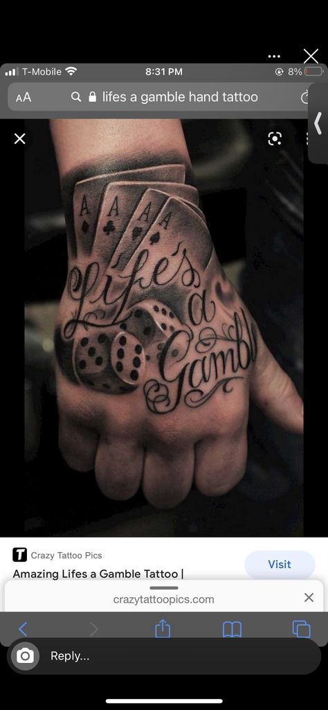 Life's A Gamble Tattoo, Lifes A Gamble Tattoo, Gamble Tattoo, Fist Tattoo, Herren Hand Tattoos, Arm Tattoos Drawing, Maching Tattoos, Vegas Tattoo, Father Tattoos