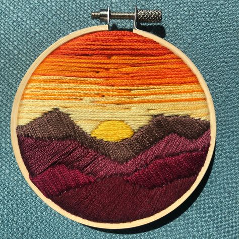 Hand embroidered scene of a setting sun over the mountains 🌅  This piece is finished with felt backing and ready to ship! 3 inch hoop Made by Missy :) Sunset Embroidery Easy, How To Embroider Mountains, Sunset Embroidery Pattern, Dune Embroidery, Boho Embroidery Patterns, Scenic Embroidery, Mountain Embroidery Pattern, Embroidered Sunset, Embroidered Mountains