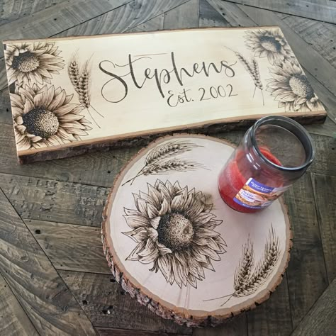 Sunflower wood burning Wood Burning With Color, Woodburn Sunflower, Sunflower Wood Burning Patterns, Wedding Wood Burning Ideas, Wood Burning Wedding Ideas, Wood Burn Signs, Stencils For Wood Burning, Woodburn Patterns, Sunflower Wood Burning