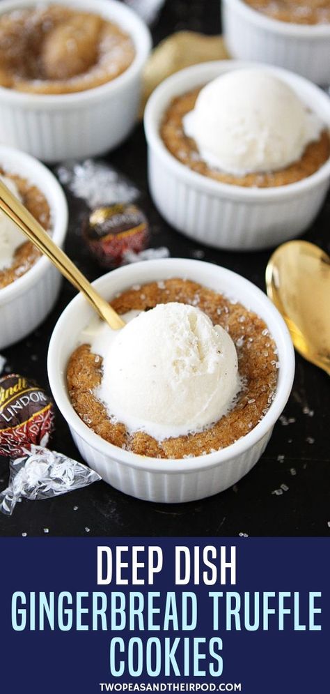 Holiday season is time to make some gingerbread cookies! try these Deep Dish Gingerbread Truffle Cookies. Molasses cookies baked in ramekins with a LINDOR Gingerbread milk chocolate truffle inside. Top with ice cream for the perfect holiday dessert! #holiday #cookies Christmas Ramekin Desserts, Cookies Molasses, Ramekin Dessert, Gingerbread Dessert, Deep Dish Cookie, Dessert Holiday, Truffle Cookies, Future Chef, Camping Desserts