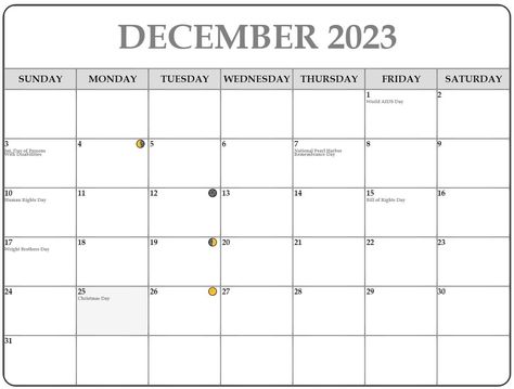 December 2023 Moon Phases Calendar: Lunar Phases and Dates Lunar Calander 2023, 2023 Lunar Phases, Moon Phase Calendar 2023, December Full Moon, 2025 Moon Phase Calendar, Moon Phases Calendar, New Moon Calendar 2022, Waning Crescent, Human Rights Day