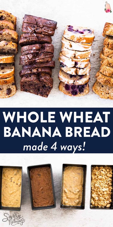 This is the best recipe for whole wheat banana bread - including four absolutely delicious variations! Chocolate Chip, Double Chocolate, Cinnamon Crunch or Blueberry Lemon - which one are you going to try first? | #recipes #bananabread #easyrecipe #baking #brunch #breakfastrecipe #breakfast #kidfriendly #quickbread #bananabreadrecipes #healthybaking #easybaking Mediterranean Diet Banana Bread, Banana Bread Variations, Wheat Banana Bread Recipe, Costco Muffins, Healthy Evening Snacks, Banana Cakes, Whole Wheat Banana Bread, Oatmeal Cookies Easy, Blueberry Banana Bread