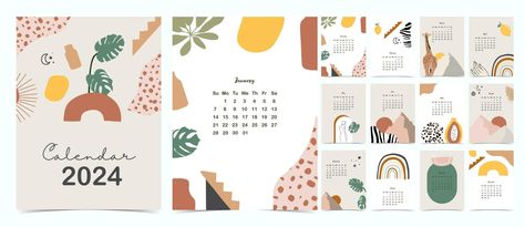 2024 table calendar week start on Sunday with boho that use for vertical digital and printable A4 A5 size Calendar Week, Table Calendar, Diy Calendar, Weekly Calendar, 9 And 10, Vector Art, Vector Free, Royalty, Royalty Free