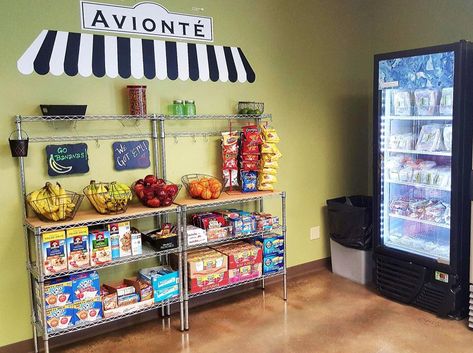 Breakroom - free snacks. - Avionte Staffing Software Office Breakroom Storage, Work Snack Station Ideas, Small Space Break Room, Teachers Lounge Snack Bar, Work Snack Bar Ideas, Staff Snack Station, Breakroom Ideas Work Retail, Work Breakroom Ideas, Break Room Snack Station