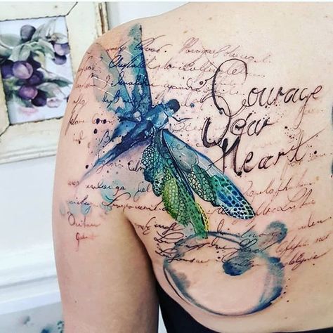 Dragonfly On Flower Tattoo, Dragonfly Tattoo Chest, Watercolor Back Tattoo, Dragonfly And Flower Tattoo, Realistic Dragonfly Tattoo, Dragonfly Tattoo Design With Flowers, Dragon Fly Tattoo Designs, Dragonfly Tattoo Ideas Unique, Best Feminine Tattoos