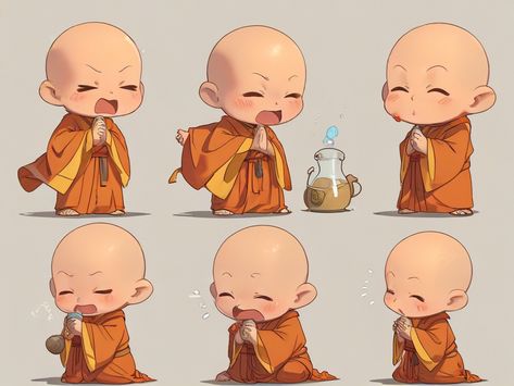 A cute little bald monk dressed in a robe and carrying 1 Carry On, Digital Illustration, Books, Gifts