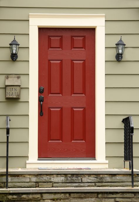 Colorfully, BEHR :: Color of the Month: Red Pepper Stone Railings, Exterior Door Colors, Interior Wall Colors, Red Front Door, Iron Railings, Door Paint, Behr Paint Colors, Front Door Paint Colors, Black Front Doors