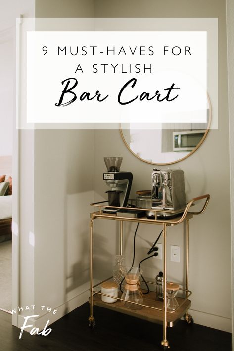 Gold Bar Cart Decor Ideas, Bar Cart In Living Room, Small Bar Cart, Bar Cart Gold, Gold Bar Cart Styling, Bar Cart Inspiration, Gold Cart, Bar Cart Essentials, Pretty Glasses