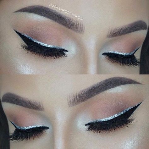 Gray Eyeshadow, Silver Glitter Eye Makeup, Eyeliner Trends, Silver Eyeliner, Metallic Eyeliner, Silver Eye Makeup, Make Up Designs, Eyeliner Tips, Eyeliner Hacks