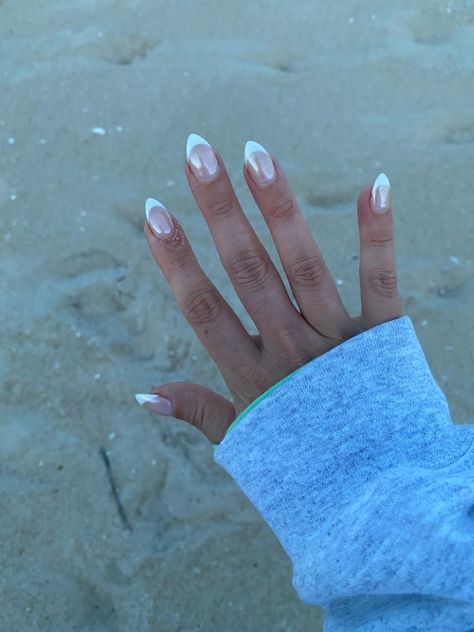 Summer Nails 2023 Almond French, Pearly Chrome French Tips, Uneven French Nails, White Tips Chrome Nails, French With Pearl Chrome, French Tip Acrylic Nails Pointy, Gel Acrylic Nails French Tips, From French Tip, Short Almond Nails Chrome French Tip