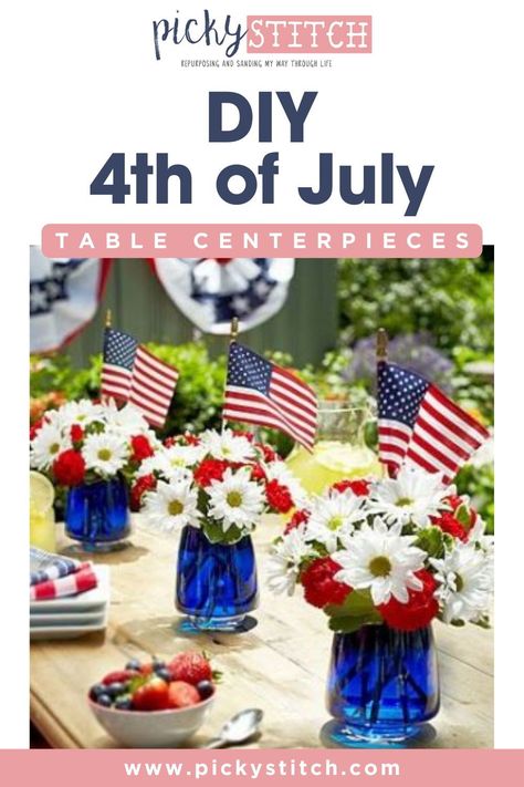 Make your table pop with patriotic flair using these creative and festive ideas. From rustic mason jars filled with American flags to elegant floral arrangements in red, white, and blue, these centerpieces will steal the show at your Independence Day gathering. Set the stage for a memorable celebration with these fabulous Fourth of July centerpiece inspirations! Simple Patriotic Centerpieces, July 4th Centerpieces Diy, Patriotic Table Centerpieces, Red White And Blue Flower Arrangements, Red White And Blue Centerpieces, Cool Centerpieces, 4th Of July Centerpieces, 4th Of July Table Centerpieces, Fourth Of July Table Decor