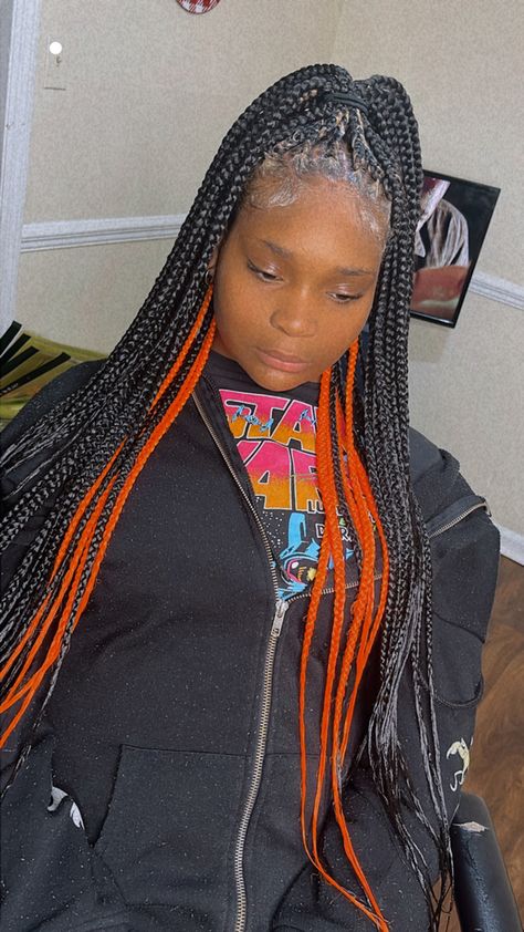 Black And Orange Peekaboo Braids, Peekaboo Braids Orange, Orange And Black Box Braids, Peekaboo Medium Knotless Braids, Black And Orange Braids, Orange And Black Braids, Orange Box Braids, Piercings Quotes, Medium Knotless Braids