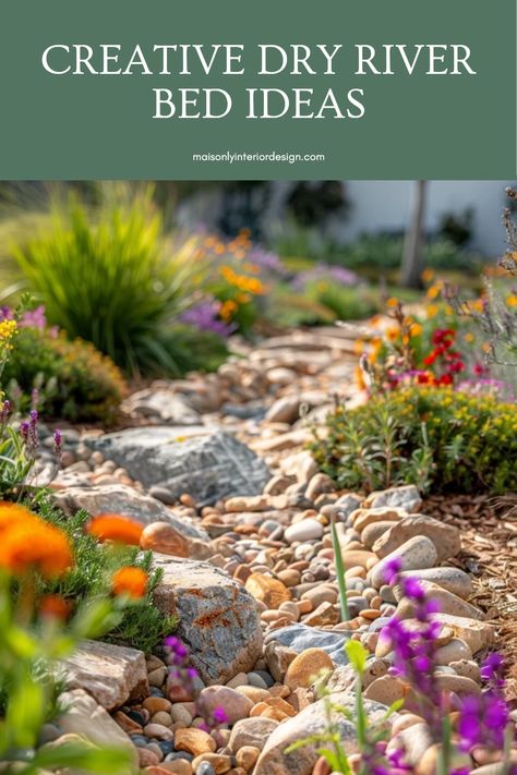 Enhance your garden's aesthetic with stunning dry river bed ideas that not only solve drainage issues but also create a serene outdoor retreat. From using natural stones to designing winding paths with easy-to-maintain succulents, these beautiful concepts bring character and tranquility to your outdoor space. Add visual interest with borders of river rocks and ensure a harmonious flow throughout. Discover fresh inspiration for your landscape transformation that celebrates nature and functionality without being overly complicated or high-maintenance. Dry Riverbed Landscaping Backyards, Dry Rock Bed For Drainage, Dry River Bed Landscape Yard Ideas, Dry Garden Landscaping, River Rock And Mulch Landscaping, Dry Creek Bed For Drainage, Dry River Bed Landscape, Dry Stream Bed Landscaping, Dry Creek Bed Landscape