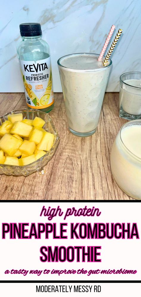 This is a thick and creamy high protein pineapple kombucha smoothie packed with probiotics and prebiotics! If you’re looking to try and improve the composition of your gut microbiome but you dislike the taste of kombucha- try it in a smoothie because you can barely taste it! Microbiome Smoothie, Kombucha Smoothie, Pineapple Kombucha, Probiotic Smoothie, Exciting Recipes, Probiotics And Prebiotics, Homemade Kombucha, High Protein Smoothies, Refreshing Snacks