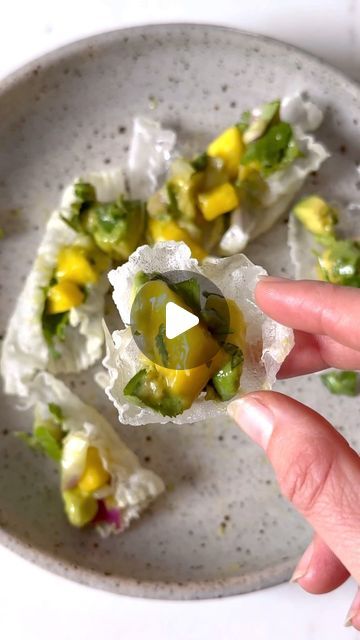 Blair Horton|wellness.mocktails.denver on Instagram: "ASMR crispy rice paper with 🥭mango 🥑avocado salsa!  I’m a huge fan of fruit salsas and during the summer I feel like I could live off of them! Just wait until our peach tree has fully ripe peaches in August… the peach salsa will be coming out!   I had always wanted to try frying rice paper for little crispies and it was SO easy and fun! All you do is cut them and then bring avocado oil to high heat. I had a piece of rice paper that I would test a corner in and once it was actually sizzling I lowered the heat and started frying each piece!   The mango avocado salsa is kind of a go with your heart type of recipe, but if you’d like instructions, comment MANGO and I’ll send them to you!" Fried Rice Paper Recipes, Wellness Mocktails, Fried Rice Paper, Crispy Rice Paper, Rice Paper Recipes, Mango Avocado Salsa, Heart Type, Mango Avocado, Seared Tuna