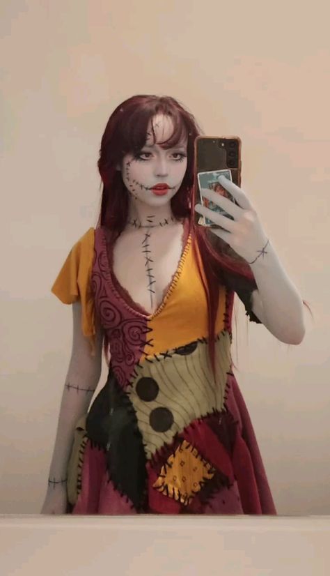 #fashion, #style, #outfitinspiration, #beauty Halloween Costume Sally, Trio Halloween Costumes Nightmare Before Christmas, Sally Stitches Costume, Nbc Sally Makeup, Nightmare Before Christmas Sally Halloween Costume, Easy Sally Halloween Makeup, Sally Stitches Makeup, Halloween Tim Burton Costume, Simple Sally Makeup