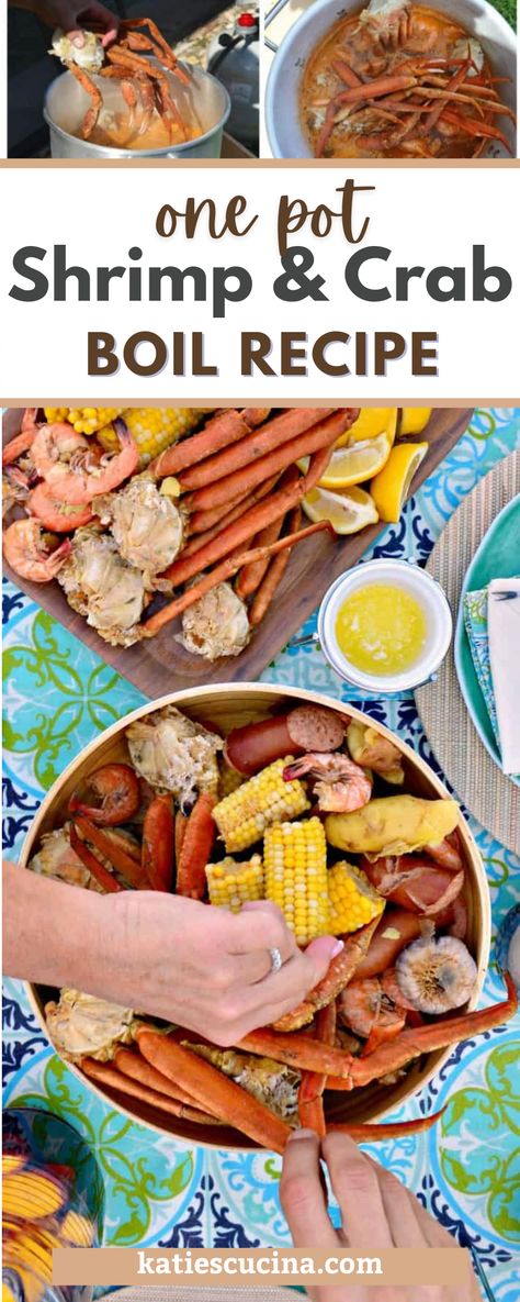 Low Country Boil With Crab Legs Recipe, Shrimp And Crab Boil In Oven, Can Cooker Shrimp Boil, Seafood Boil In A Pot, Boiled Crab Recipes, Crab Leg And Shrimp Boil Recipe, Low Country Boil Recipe With Crab, Sheet Pan Crab Boil, At Home Shrimp Boil