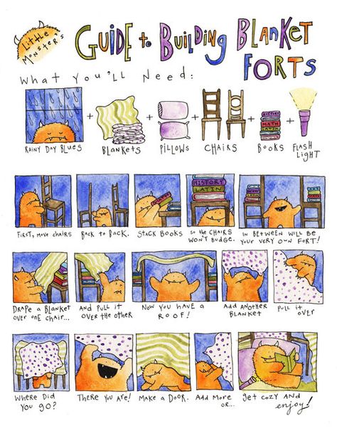 Guide for blanket forts -- so cuuuuute.  By Emma Weisman, Etsy shop Emma Inks Sleepover Fort, Sofa Fort, Indoor Forts, Diy Fort, Fort Ideas, Blanket Forts, Fort Building, Make A Door, Blanket Fort