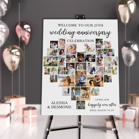 $57.45 | Wedding Anniversary Heart Shaped 36 Photo Collage Foam Board #weddinganniversary #heartshapedphotocollage #heartshapemultiphototemplate #welcomesign #largeeaselboard #20th25th40th50th60th #modernromantic #1st5th10th15th30th #eleganthandwrittenscript #happilyeverafter Wedding Anniversary Party Ideas Decor, 65th Wedding Anniversary Ideas, Collage For Anniversary, 45 Wedding Anniversary, 1st Birthday Photo Collage, 50th Wedding Anniversary Party Ideas, 25th Anniversary Decorations, 20 Year Anniversary Gifts, 25 Wedding Anniversary