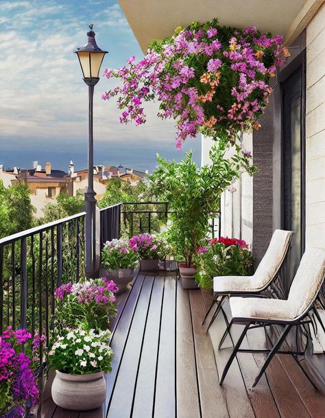 Balkon Flower Ideas, Balcony Ideas House Terraces, Balcony With Flowers, Boho Balcony, Small Balcony Rose Garden, Balcony Full Of Plants, Balcony Ideas Apartment Pots & Planters, Indian Flowering Plants For Balcony, Condo Balcony