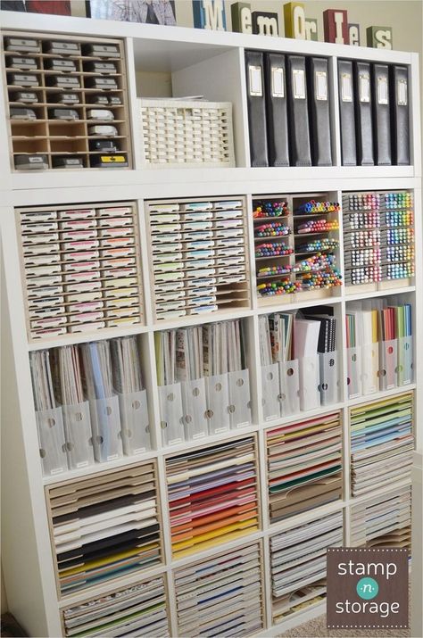 Kallax Organization, Ikea Shelving, Scrapbook Room Organization, Ikea Kallax Shelving, Ikea Kallax Shelf, Ikea Craft Room, Craft Paper Storage, Ikea Crafts, Kallax Shelf