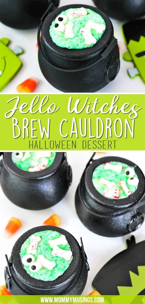 Jello Witches Brew Cauldron Dessert Recipe for Halloween #halloweenrecipes #halloweendesserts #jello #partyideas #halloween Cauldron Dessert, Halloween Food Mummy, Vegetarian Halloween, Easy Halloween Recipes, Halloween Party Punch, Halloween Punch Recipes, Pasteles Halloween, Pumpkin Spice Soap, Halloween Ice Cream