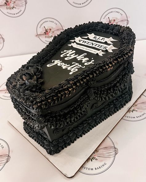 #Repost 📷 by @cassandracakeco: RIP TWENTIES ☠️ I absolutely loved making this coffin cake with a vintage twist- all the hand piping on the side was so much fun to do, and a little gold lustre sprayed on the cake made everything shimmer just a little. I’m in love! What do you think of this theme for a 30th birthday? . . . #riptwenties #vintagecake #vintagepiping #cassandracakeco #vancouverbakery #portcoquitlam #customcakes Coffin Cakes Birthdays, Halloween Coffin Cake, Rip To My 20s, Baseball Theme Cakes, Coffin Cake, 30th Birthday Cake For Women, Rip Twenties, Rip 20s, Football Themed Cakes