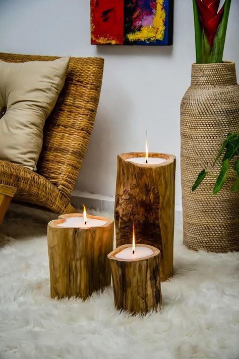 Diy Wood Candle Holder, Wooden Bowls Diy, Diy Wood Candles, Rustic Wood Candle Holders, Log Candle Holders, Wooden Candle Stand, Candle Bowl, Apothecary Decor, Log Candles