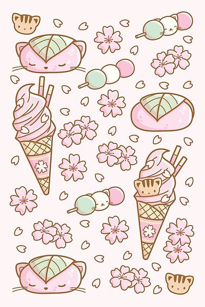 Cute sakura sweets to celebrate the spring! Visit my store for more cute designs! Link: LuYukari.redbubble.com Cute Japanese Drawings, Digital Stationary, Kawaii Ideas, Cute Sakura, Kawaii Desserts, Sakura Pattern, Prints Ideas, Food Kawaii, Channel Ideas