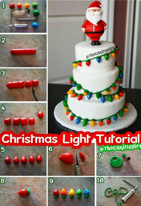 Santa christmas light holiday cake Christmas Light Cake, Light Cake, Christmas Cake Designs, Surprise Cake, Light Cakes, Christmas Cake Decorations, Xmas Cake, Fondant Figures, Christmas Cupcakes