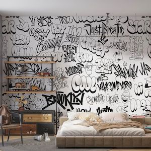 Graffiti Peel And Stick Wallpaper, Graffiti Style Bedroom, Diy Graffiti Wall, Library Booknook, Graffiti Bathroom, Mural Kids Room, Graffiti Furniture, Graffiti Room, White Kids Room