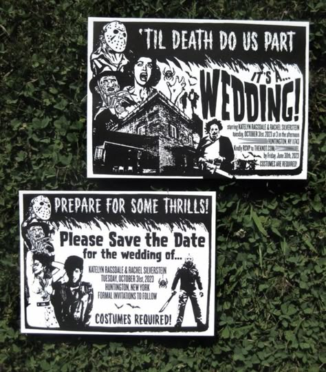 Horror Movie Wedding Invitation, Spooky Save The Date Ideas, Gothic Wedding Signage, Halloween Themed Wedding Invitations, Horror Wedding Invitations, Wedding Theme Halloween Costume, It Was In The Cards Wedding, Halloween Save The Date Ideas, Halloween Wedding Invites