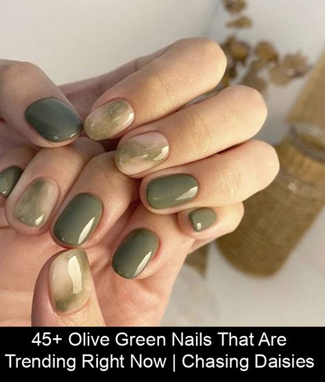 If you're looking to try out something new, why not go for olive green nails on your next trip to the salon? It's quite tempting to always go for more classic colors like black, red, Simple Olive Green Nails, Green Ombre Nails Almond, Safari Green Nails, Olive Green Toe Nails, Olive Nail Color, Olive Green And Pink Nails, Different Shades Of Green Nails, Olive Green Almond Nails, Olive Nail Art