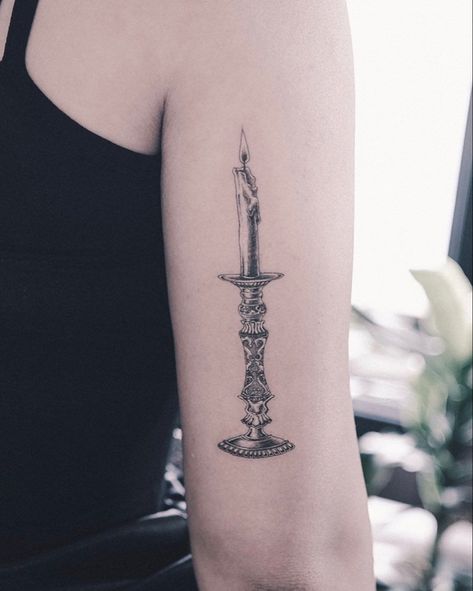 Candlestick Tattoo, Victorian Tattoo, Geometric Candle, Stick Tattoo, Line Tattoo Ideas, Traditional Tattoo Designs, Candle Tattoo, Sick Tattoo, Tattoo Portfolio