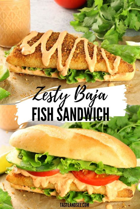 Baja Sauce, Fish Sandwich Recipes, Green Leaf Lettuce, Cod Fillets, Sandwich Sauces, Leaf Lettuce, Fish Sandwich, Avocado Tomato, Healthy Fish