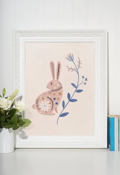 POSTER PRINT Rabbit Illustration Norwegian Folk Art | Etsy Rabbit Folk Art, Scandinavian Folk Art Swedish Style, Folk Aesthetic, Folk Art Rabbit, Scandinavian Painting, Nordic Folk Art, Scandinavian Prints, Hanging Crafts, Bunny Wall Art