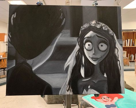 Painting Ideas Corpse Bride, Corpse Bride Art Painting, Tim Burton Painting Easy, Picture Painting, Corpse Bride Painting Easy, Corpse Bride Painting, Tim Burton Painting, Corpse Bride Art, Diy Pottery Painting