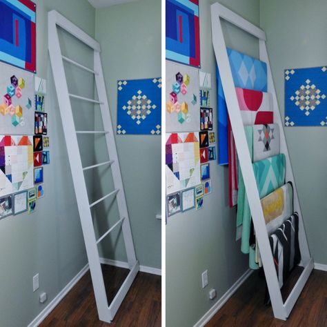 Quilt Ladder Ladder Decor Ideas, Quilt Display Racks, Quilt Accessories, Quilting Rooms, Displaying Quilts, Quilt Room Organization, Quilt Racks, Ladder Ideas, Quilt Hanging